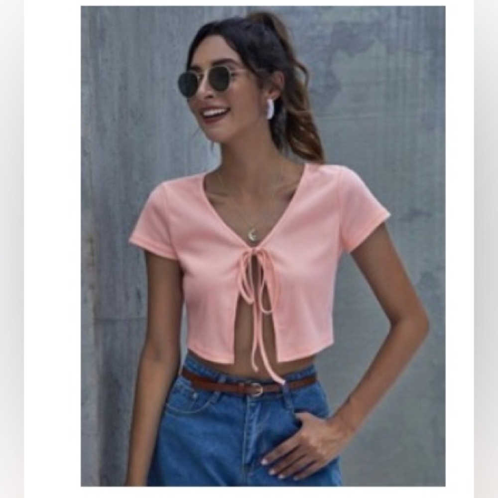 Knot Front Rib-Knit Crop Top, Pink, M
